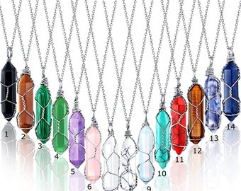 Hexagonal Crystal Pointed Quartz Natural Healing Crystal Pendant Necklace with Tree Wire Wrapped Gemstone Pendant