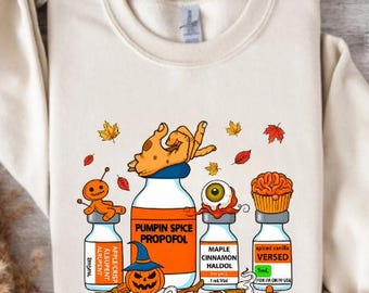 Divertente infermiera con zucca e spezie PNG: disegno medico di Halloween per sublimazione (download digitale)