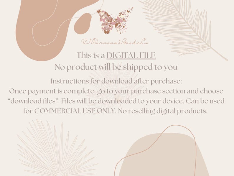 Pu&ograve; includere: Annuncio di file digitale con sfondo beige e forme astratte. Il testo recita "This is a DIGITAL FILE" e fornisce istruzioni per il download dopo l'acquisto. Sono presenti anche un motivo a farfalla e foglie.