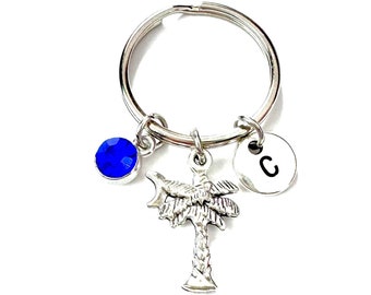 South Carolina Palmetto Tree Keychain Gift for Girls - Palm Tree and Crescent Moon - Personalized Key Ring for Her