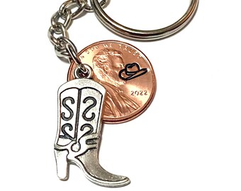 Cowgirl Keychain - Lucky Penny - Cowgirl Boot Charm - Cowboy Hat - Country Girl Gift