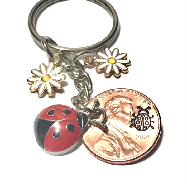 Ladybug Charm Good Luck Keychain Gift for Her, Ladybug Keychain Lucky Penny, Nature Lover Gift