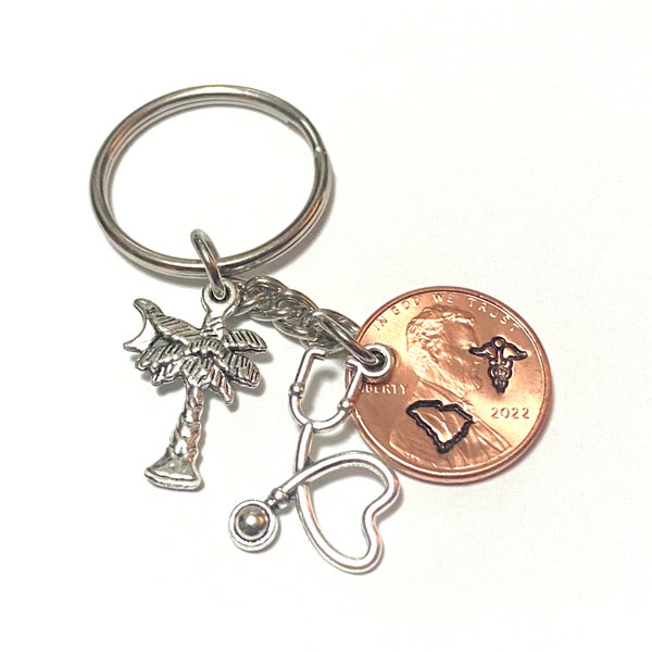 South Carolina Nurse Keychain - Lucky Penny - Palmetto Tree - Crescent Moon, Stethoscope Charm - SC Nurse - Nurse Gift