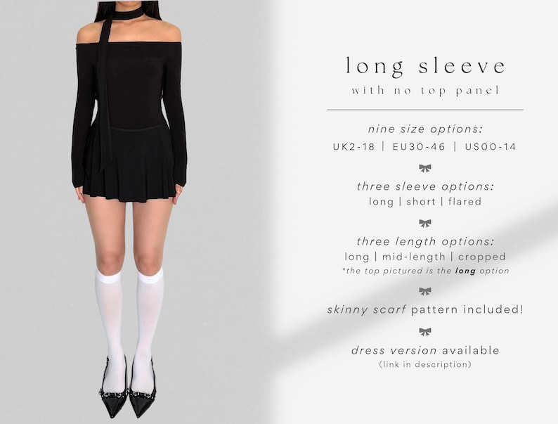 May include: A black off-the-shoulder long-sleeve top with a ruffled hem. The top has a skinny scarf pattern included. Nine size options are available: UK2-18, EU30-46, US00-14. Three sleeve options are available: long, short, and flared. Three length options are available: long, mid-length, and cropped. The top pictured is the long option. A dress version is also available.