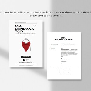 May include: A sewing pattern for a bandana top called "Mia Bandana Top". The pattern includes instructions for sizes UK 2-16 and is beginner friendly. The pattern is illustrated with a red bandana top.