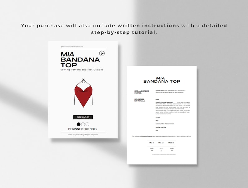 May include: A sewing pattern for a bandana top called "Mia Bandana Top". The pattern includes instructions for sizes UK 2-16 and is beginner friendly. The pattern is illustrated with a red bandana top.