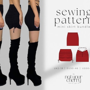 Patron de couture PDF pour mini-jupe (lot de 3) | 3 longueurs disponibles | Formats : A4, Lettre US, A0 | Mini-jupe moulante froncée à lacets | Maille extensible en lycra