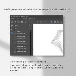 May include: A black and white image showing a sewing pattern for a backless bodice. The pattern is layered and includes sizes A4, US Letter, and AO. The text "This sewing pattern is layered. You can choose and print only your size using the free application Adobe Acrobat Reader." is included in the image.