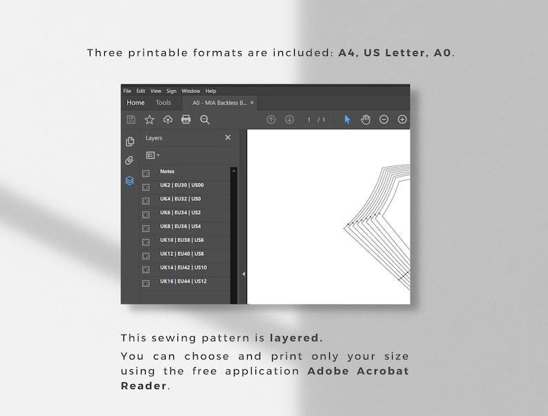 May include: A black and white image showing a sewing pattern for a backless bodice. The pattern is layered and includes sizes A4, US Letter, and AO. The text "This sewing pattern is layered. You can choose and print only your size using the free application Adobe Acrobat Reader." is included in the image.