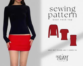May include: A sewing pattern for a boat neck top by Not Your Cherry Designs. The image displays a black long-sleeve top, a red mini skirt, and three red technical illustrations of tops with varying sleeve lengths. Text includes UK2-18, EU30-46, and US00-14.