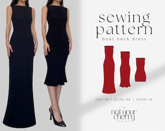 DAMEN-BASIS-Kleiderset mit U-Boot-Ausschnitt: Maxi-, Midi- und Minikleid – PDF-Schnittmuster | Einfach, anfängerfreundlich | Tanktop-Kleid mit hohem Kragen