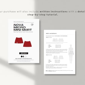 K&ouml;nnte beinhalten: Ein Schnittmuster f&uuml;r einen roten Minirock namens "Nova Micro Mini Skirt". Das Schnittmuster enth&auml;lt Anweisungen f&uuml;r die Gr&ouml;&szlig;en UK 2-18 und ist als Anf&auml;nger- bis Mittelstufe gekennzeichnet. Das Schnittmuster enth&auml;lt Illustrationen des Rocks und Anweisungen f&uuml;r verschiedene Rockvarianten.