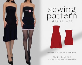 チューブドレスセット：ミディ、ミニドレス PDF 縫製パターン | 簡単