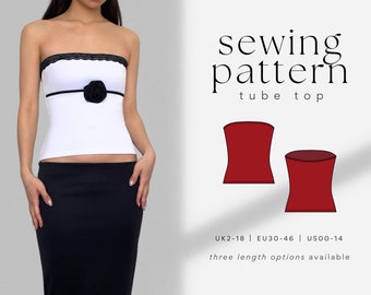 May include: Sewing pattern for a tube top with three length options available. The pattern is illustrated with a red tube top in two different lengths. The text "UK2-18 | EU30-46 | US00-14" and "three length options available" is also included.