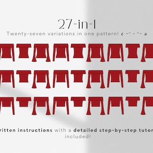 May include: A digital illustration showing 27 variations of a red off-the-shoulder top with different sleeve and neckline styles. The text "27-in-1" and "Twenty-seven variations in one pattern!" is included in the image.