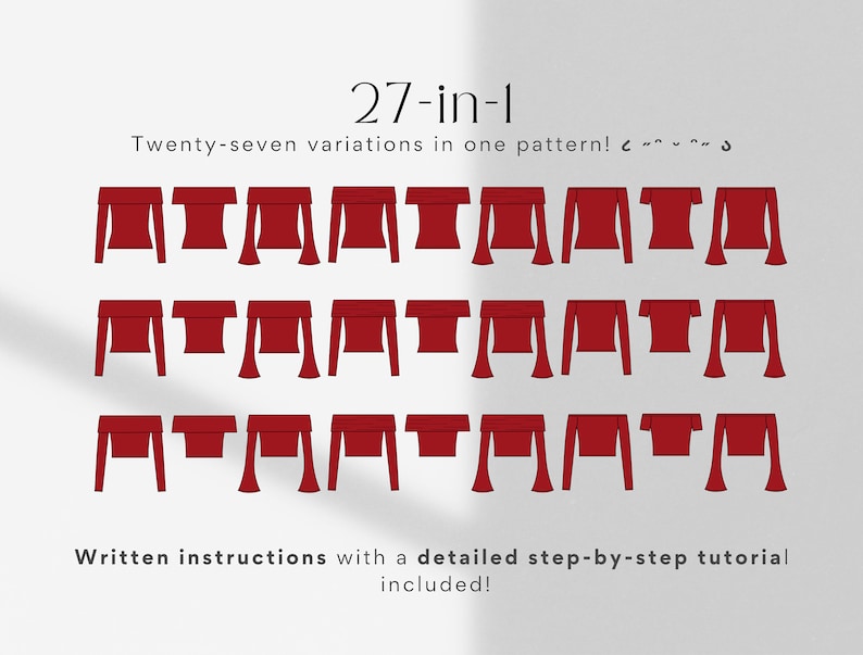 May include: A digital illustration showing 27 variations of a red off-the-shoulder top with different sleeve and neckline styles. The text "27-in-1" and "Twenty-seven variations in one pattern!" is included in the image.