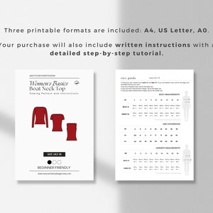 May include: A printable sewing pattern for a boat neck top. The pattern includes instructions and a size guide with body and garment measurements in inches. The pattern is beginner friendly.