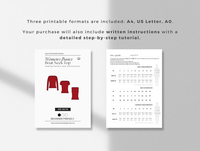 May include: A printable sewing pattern for a boat neck top. The pattern includes instructions and a size guide with body and garment measurements in inches. The pattern is beginner friendly.