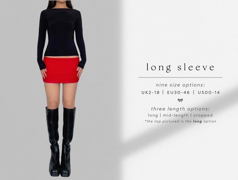 May include: A black long-sleeve shirt with a red mini skirt. The shirt has a boat neck and the skirt is fitted. The model is wearing black knee-high boots. The text on the image reads: "long sleeve", "nine size options: UK2-18 | EU30-46 | US00-14", "three length options: long | mid-length | cropped", "*the top pictured is the long option"