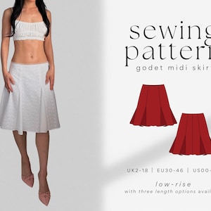 Può includere: Una gonna midi bianca con design a godet, indossata da un modello con top corto. L'immagine include il testo sewing pattern godet midi skirt, illustrazioni rosse della gonna e le taglie UK2-18, EU30-46, US00-14.