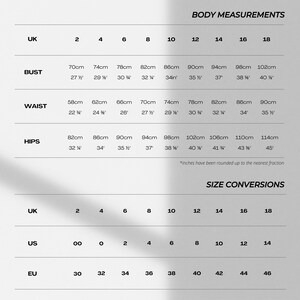 May include: Size conversion chart for UK, US, and EU sizes. The chart shows measurements in inches and centimeters for bust, waist, and hips.
