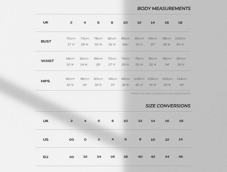 May include: Size conversion chart for UK, US, and EU sizes. The chart shows measurements in inches and centimeters for bust, waist, and hips.