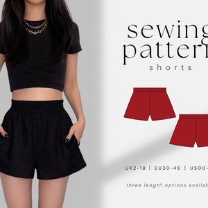 Shorts de cintura alta fácil com bolsos PDF Padrão de costura | 3 opções de comprimento | Tamanho UK2-18 | A4, US Letter, A0 | Shorts de perna larga com elástico