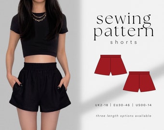 Einfache High-Waisted Shorts mit Taschen PDF Schnittmuster | 3 Längenoptionen | Größe UK2-18 | A4, US Letter, A0 | Elastische Shorts mit weitem Bein