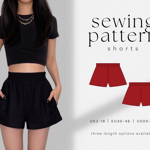 Easy High-Waisted Shorts w/ Pockets PDF Sewing Pattern | 3 Length Options | Size UK2-18 | A4, US Letter, A0 | Elasticated Wide Leg Shorts