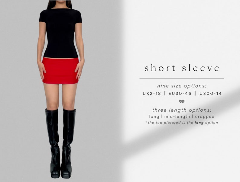 May include: A black short-sleeved shirt with a red mini skirt and black knee-high boots. The text on the image reads "short sleeve", "nine size options: UK2-18 | EU30-46 | US00-14", "three length options: long | mid-length | cropped", and "*the top pictured is the long option".