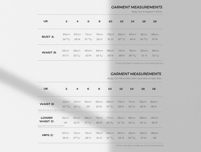 May include: A size chart for a baby tee and a mini skirt. The chart shows measurements in inches and centimeters for UK sizes 2 through 18. The chart includes measurements for bust, waist, lower waist, and hips.