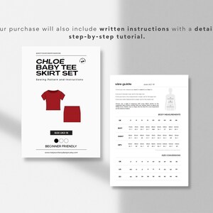 May include: A sewing pattern for a baby tee and skirt set, called "Chloe". The pattern is beginner friendly and includes sizes UK 2-18. The pattern is illustrated with a red tee and skirt.