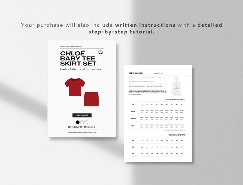 May include: A sewing pattern for a baby tee and skirt set, called "Chloe". The pattern is beginner friendly and includes sizes UK 2-18. The pattern is illustrated with a red tee and skirt.