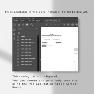 Puede incluir: Una captura de pantalla de una computadora que muestra un patr&oacute;n de costura para un vestido sin tirantes con un top corto. El patr&oacute;n est&aacute; disponible en tres tama&ntilde;os: A4, US Letter y AO. El patr&oacute;n est&aacute; en capas, por lo que puede elegir e imprimir solo el tama&ntilde;o que necesita. El patr&oacute;n est&aacute; dise&ntilde;ado para imprimirse utilizando Adobe Acrobat Reader.