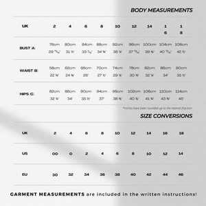 May include: Size conversion chart for UK, US, and EU sizes. The chart shows the corresponding sizes for bust, waist, and hips in both inches and centimeters.  The chart also includes a note that inches have been rounded up to the nearest fraction.