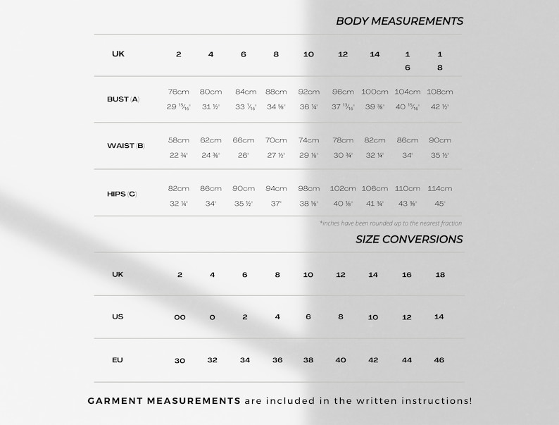 May include: Size conversion chart for UK, US, and EU sizes. The chart shows the corresponding sizes for bust, waist, and hips in both inches and centimeters.  The chart also includes a note that inches have been rounded up to the nearest fraction.