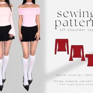 Off-Shoulder Top: Long & Short, Flare Sleeve PDF Sewing Pattern | Easy, Beginner Friendly | Off-The-Shoulder Crop Tee | Jersey Stretch Knit