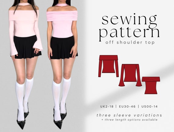 Off-Shoulder Top: Long & Short, Flare Sleeve PDF Sewing Pattern | Easy, Beginner Friendly | Off-The-Shoulder Crop Tee | Jersey Stretch Knit