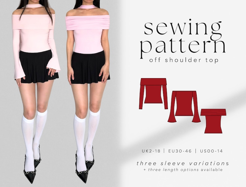 May include: Sewing pattern for an off-the-shoulder top with three sleeve variations and three length options. The pattern includes sizes UK 2-18, EU 30-46, and US 00-14.