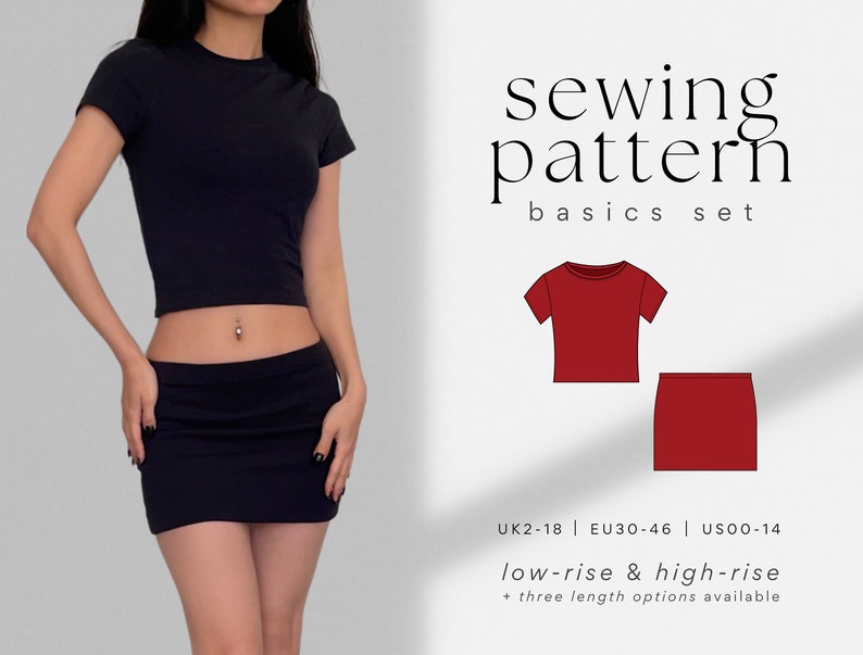 May include: Sewing pattern for a basic crop top and skirt. The pattern includes options for low-rise and high-rise skirts, as well as three different lengths. The pattern is available in sizes UK 2-18, EU 30-46, and US 00-14.