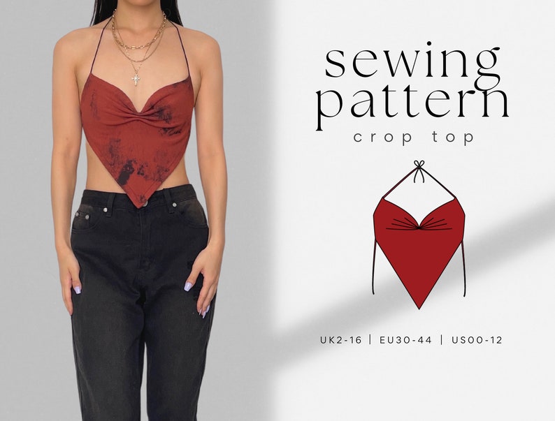 May include: Sewing pattern for a red crop top with a halter neck. The pattern includes instructions for sizes UK 2-16, EU 30-44, US 00-12.