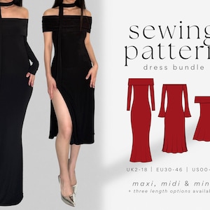 Off-Shoulder Dress Bundle: Maxi, Midi, Mini Dress PDF Sewing Pattern | Easy, Beginner Friendly | A-Line Slit Long Dress | Lycra Stretch Knit