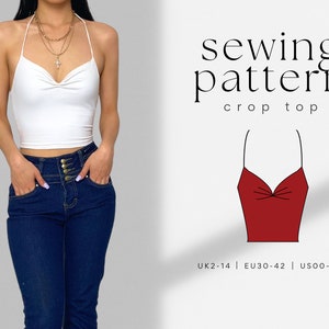 Patrón de costura en PDF para top corto con cuello halter / Tallas UK2-14 / A4, Carta EE. UU., A0