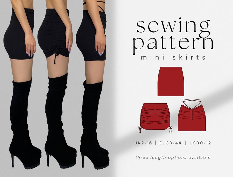 Mini Skirt Bundle PDF Sewing Pattern 3 Length Options A4, US Letter, A0 Bodycon Ruched Lace-Up Mini Skirt Lycra Stretch Knit image 1