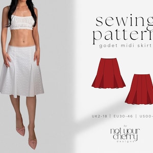 OPHELIA Low-Rise Godet Midi Skirt PDF Sewing Pattern |  Low-Waist, Mid-Length, Long Skirt | UK2-18 | A4, US Letter, A0