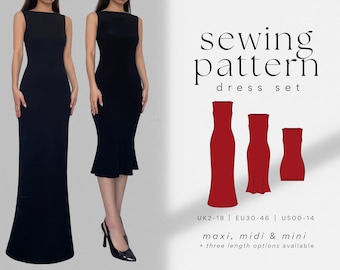 Boat Neck Dress Set: Maxi, Midi, Mini Dress PDF Sewing Pattern | Easy, Beginner Friendly | High-Neck Tank / Vest Dress | Lycra Stretch Knit