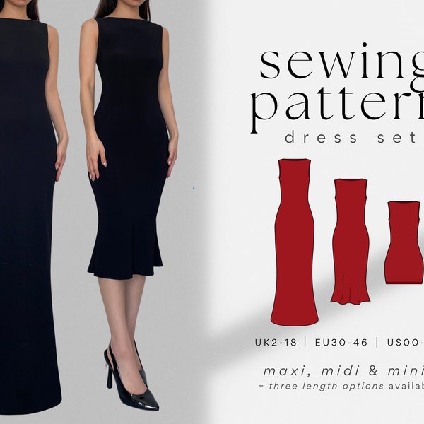 Boat Neck Dress Set: Maxi, Midi, Mini Dress PDF Sewing Pattern | Easy, Beginner Friendly | High-Neck Tank / Vest Dress | Lycra Stretch Knit