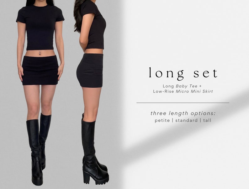 May include: A black long-sleeved baby tee and a black low-rise micro mini skirt. The set is available in three lengths: petite, standard, and tall.  "long set" is written in white text on a white background.