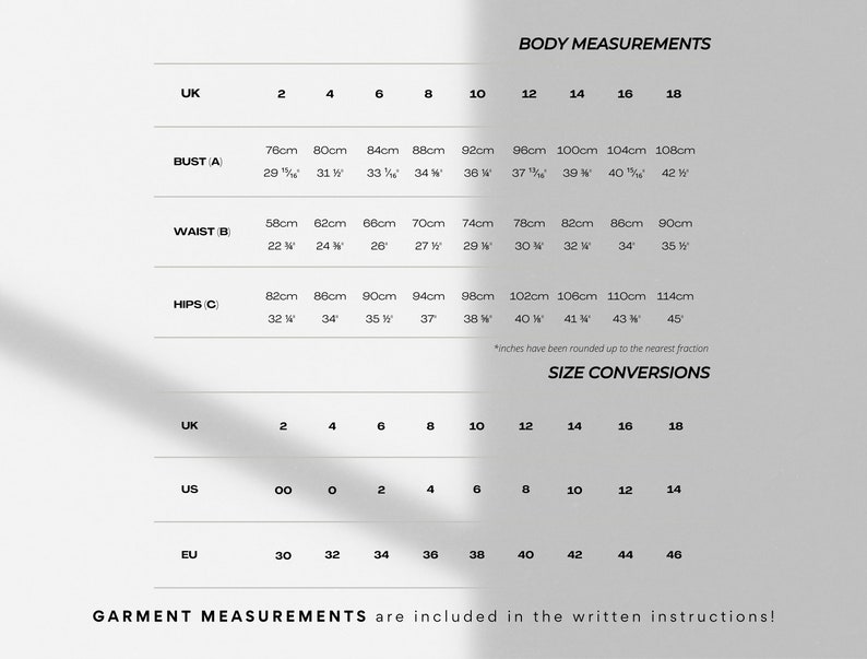 May include: A size chart for clothing with measurements in inches and centimeters. The chart includes UK, US, and EU sizes. The chart also includes bust, waist, and hip measurements.