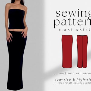 Bodycon Maxi Skirt PDF Sewing Pattern Low-Waist & High-Waist UK2-18 A4, US Letter, A0 Easy, Beginner Friendly Long Stretch Skirt image 1